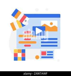 Vector illustration depicting web design solutions and UX skills with various tools and interfaces. Stock Vector
