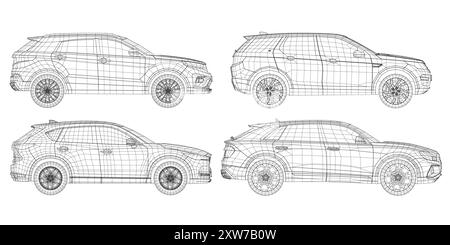 Set of wireframe different models of cars. Vector flat style illustration. Side view car vector illustration. 3D. Stock Vector