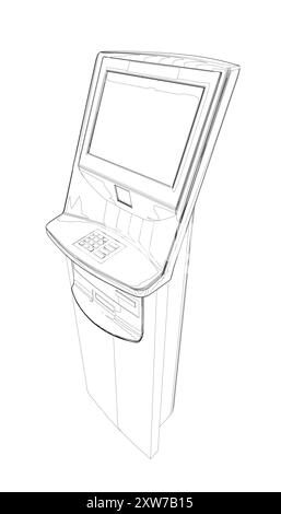 Contour ATM with display. Bank terminal for transaction, withdraw money and deposit to account. Vector illustration of outline cash machine with copy Stock Vector