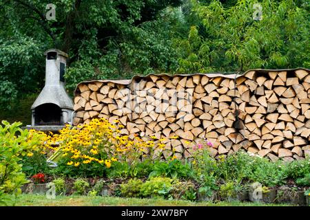 Garden fireplace and wood stored away for the winter, Chopped, Timber, Storage, Dried Firewood, Pile, Drying Wooden Logs Stacked, Stack Stock Photo