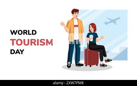 World TOURISM Day banner, postcard with Young couple with suitcase showing thumbs up. Travelling Vector illustration. Stock Vector