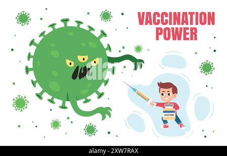 Vaccinated boy fighting Virus monster. Vector illustration of children vaccination. Vaccination protects from viruses. Stock Vector