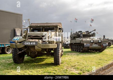 1943 green International M5.  M5 half-track was an American armored personnel carrier used during World War II displayed on Lytham Green, UK Stock Photo