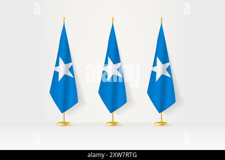Three Somalia flags in a row on a golden stand, illustration of press conference and other meetings. Vector illustration. Stock Vector