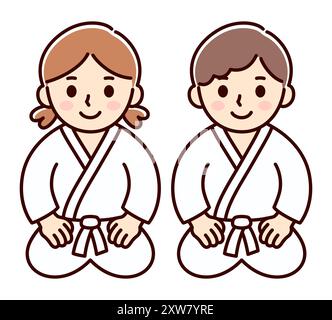 Cute cartoon kids in martial arts uniform (gi) sitting on the floor seiza style. Boy and girl karate, aikido, judo students. Simple drawing, vector cl Stock Vector