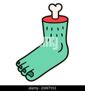 Severed zombie foot with bone sticking out. Simple comic drawing, cartoon vector illustration. Stock Vector