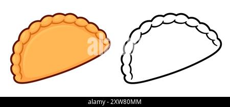 Hand drawn pastry, turnover or dumpling. Color drawing and black and white line icon. Cartoon doodle, vector clipart illustration. Stock Vector