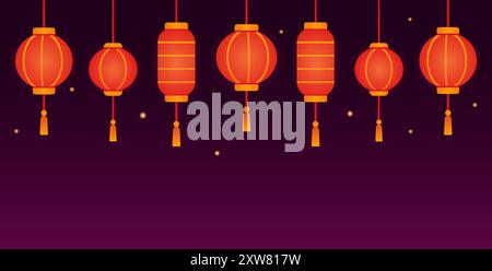 Traditional Chinese red paper lanterns on dark night background. Vector banner design illustration. Stock Vector