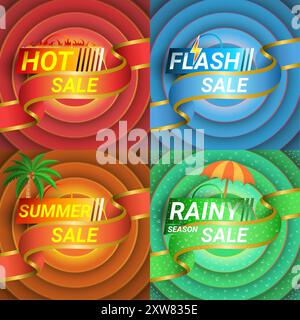 Four discount product promotion billboards, hot sale, flash sale, summer sale, rainy sale. graphic vector design. Stock Vector