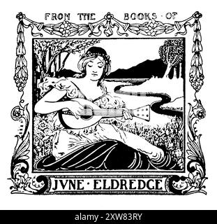 Ill1805 1890s woman playing lute in landscape bookplate for June Eldredge by Boston stained glass designer Harry Eldredge Goodhue Stock Photo