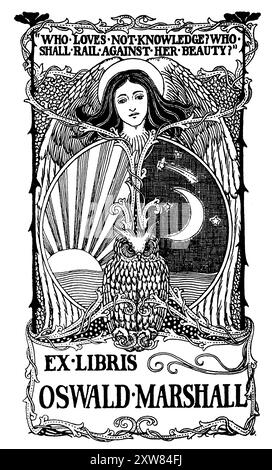 1898 knowledge design bookplate for Oswald Marshall, designed by animal illustrator Percy James Billinghurst Stock Photo