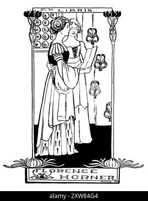 1898 two girls reading bookplate for Florence Horner, designed by illustrator Louis Reginald Waud Stock Photo