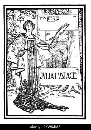 1898 woman in woodland bookplate for Julia Eustace designed by female Doulton pottery designer Margaret E Thompson Stock Photo