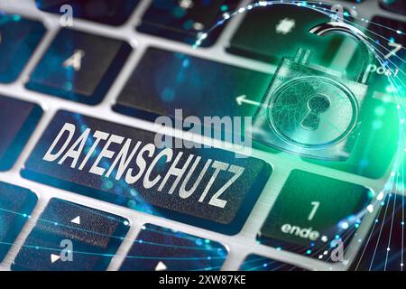 18 August 2024: Data protection and IT security - symbolic image for digital data security and privacy protection. Keyboard with inscription: Data protection. PHOTOMONTAGE *** Datenschutz und IT-Sicherheit Symbolbild für digitale Datensicherheit und Schutz der Privatsphäre. Tastatur mit Aufchrift: Datenschutz. FOTOMONTAGE Stock Photo