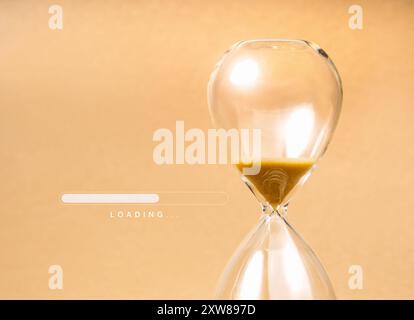 Loading update concept. Text 'Loading...' with progress bar near hourglass with gold sand, isolated on light yellow background, minimal style. Setting Stock Photo