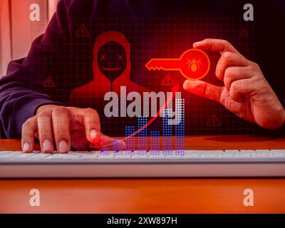 Scammer scam, digital identity theft, cybercrime online concept. Digital red keys on cyber grid patterns are held by hackers using laptop computers wi Stock Photo