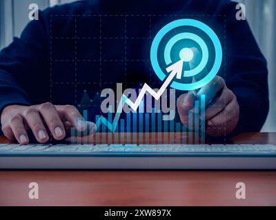 Return on investment - ROI, business success, profit financial  concepts. Arrow up to target icon to big target icon on digital growth graph pointing Stock Photo