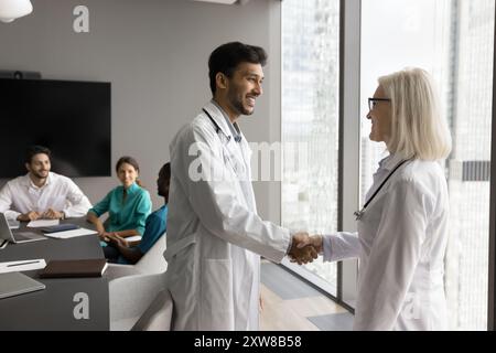 Two friendly smiling multiethnic therapists colleagues shaking hands Stock Photo