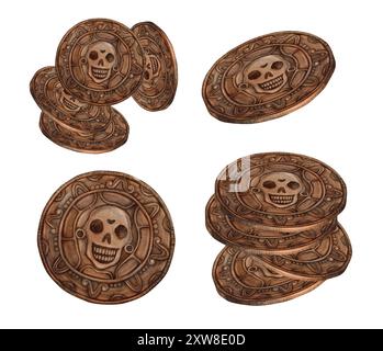 Copper antique pirate coins with skull and bones. Set of different watercolor compositions with coins, stack of coins, isolated coins. Images are suit Stock Photo