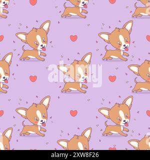 Seamless pattern with dog on purple background with hearts. Funny cartoon kawaii pet character. Vector illustration Stock Vector
