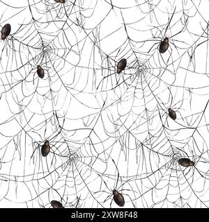 Fine lacy black web and realistic spiders. Hand-drawn watercolor pattern on a white background in Gothic style. Suitable for Halloween and Day of the Stock Photo