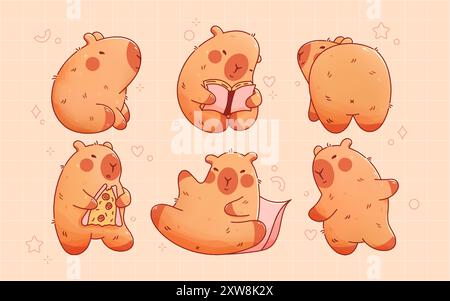 Childish plushy capybaras set. Cute animals with book, pizza, pillow. Stock Vector
