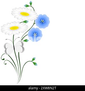 Blue flowers of flax and butterfly on chamomile. Stock Vector