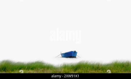 A minimalistic picture of a blue fisher boat on white calm water and green reed in the front, copy space, negative space, white background, 16:9 Stock Photo