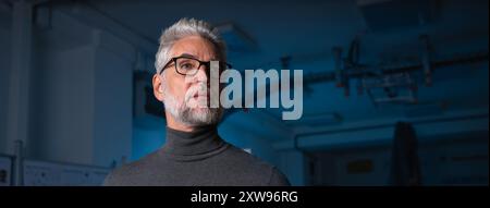 Automation engineer, technician holding remote controller of robotic arm. Concept of modern technology in industries, automated processes, robotics. Stock Photo
