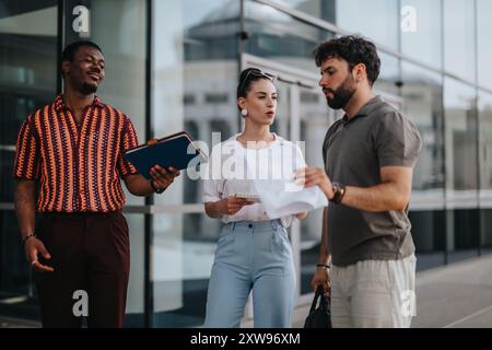 Business people collaborating outdoors in urban city environment, discussing projects and planning strategies Stock Photo