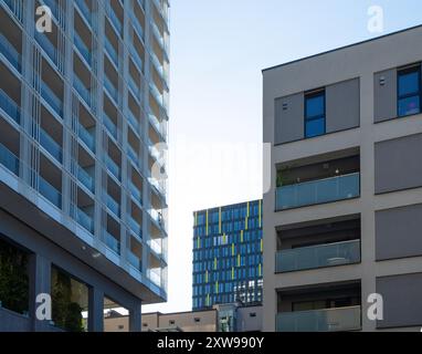 Linz, Austria. August 12, 2024. view from below of some modern buildings in the city centre Stock Photo