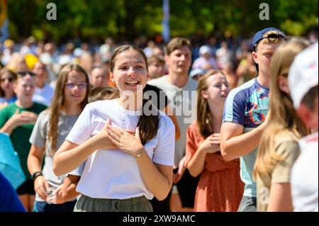 Young people dancing to Christian songs at Mladifest 2024, the annual youth festival in Medjugorje. Stock Photo