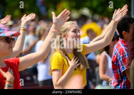 Young people dancing to Christian songs at Mladifest 2024, the annual youth festival in Medjugorje. Stock Photo