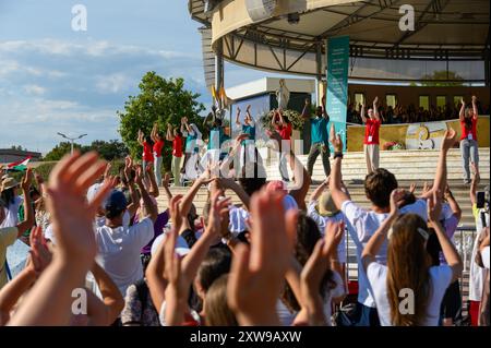 Young people dancing to Christian songs at Mladifest 2024, the annual youth festival in Medjugorje. Stock Photo