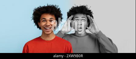 Young Man With Curly Hair Expressing Different Emotions Against Background Stock Photo