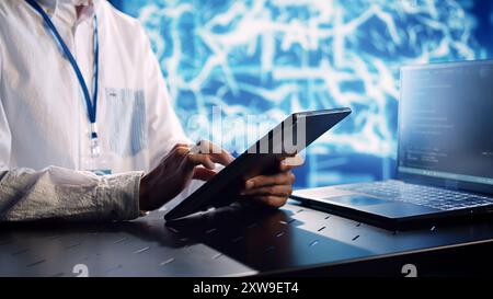 System administrator in data center, solving tasks on tablet while running programming scripts on laptop terminal. Experienced programmer manipulating lines of code for AI applications development Stock Photo
