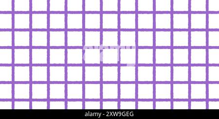 Checkered gingham pattern painting by brush or crayon. Plaid, tablecloth or napkin texture in hand drawn technique. Purple crossed uneven lines. Minimalist aesthetic print. Vector flat illustration. Stock Vector