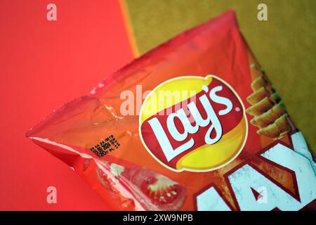 KYIV, UKRAINE - AUGUST 17, 2024 Lays MAX potato chips with pepper flavour close up Stock Photo