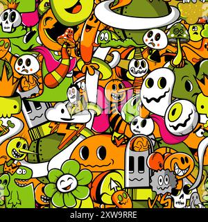 Cute Halloween seamless pattern. Halloween themed pattern with different monsters. Kids print. Stock Vector