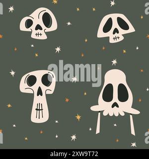 Cute Halloween seamless pattern. Starry sky and various skulls and bones for Halloween. Kids print. Stock Vector