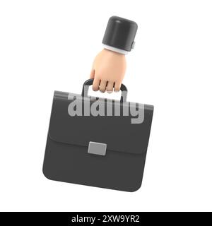 Cartoon Gesture Icon Mockup.Businessman's hand holding brown leather briefcase,3D rendering on white background. Stock Photo