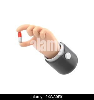 3d render. red white pill icon. Doctor or pharmacist cartoon hand with black skin holds small pill. Medical healthcare illustration. Pharmaceutical cl Stock Photo