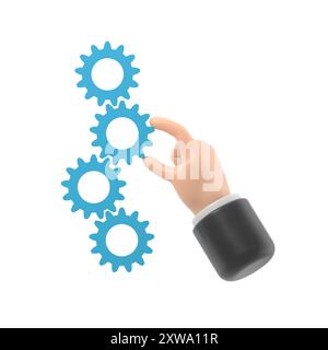 Cartoon Gesture Icon Mockup.Asset management concept. Set mechanism cogwheels. 3d illustration flat design. Businessman is holding a gear in hand. Stock Photo