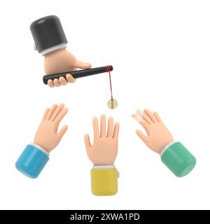 Incentive concept. Business metaphor. Personnel management leadership. Motivate people. Big hand holds gold coin on stick,businessman running for bait Stock Photo
