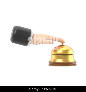 Male hand pressing service bell. Service bell,flat design style. 3d illustration. Customer at reception presses the call button. Bell hotel.3D renderi Stock Photo