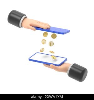 Mobile payment money transfer flat 3d isometry isometric financial transaction concept web 3d illustration. Coin drop raining from one smart phone to Stock Photo