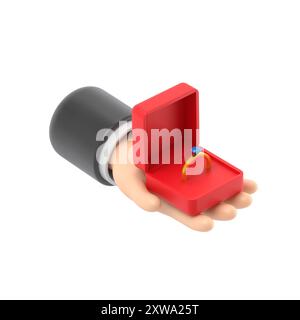 Proposal marriage.3d illustration isometric 3d design. Man is holding in hand an open box with a wedding ring and diamond.3D rendering on white backgr Stock Photo