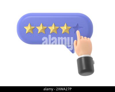 User hand pointing on survey form and choosing yellow star. Five star positive customer review. Online feedback,3D rendering on white background. Stock Photo