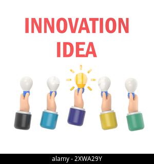 Unique idea. Hand holding lightbulb concept. Solution innovative technology. 3d illustration flat style design. Electric lamp as symbol of creativity. Stock Photo