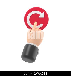 Reboot concept. Restarting technology. Hand to push big red button. 3d illustration flat design.3D rendering on white background. Stock Photo